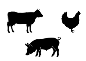 Beef, chicken, and pork sustainably raised.